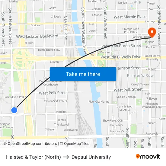 Halsted & Taylor (North) to Depaul University map