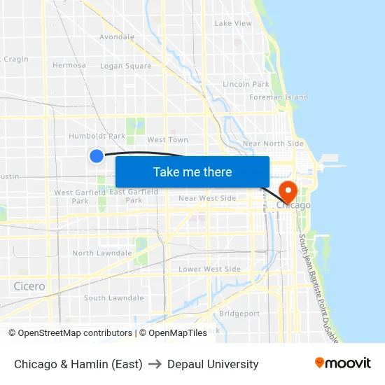 Chicago & Hamlin (East) to Depaul University map