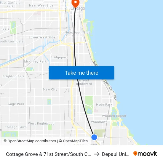 Cottage Grove & 71st Street/South Chicago (North) to Depaul University map