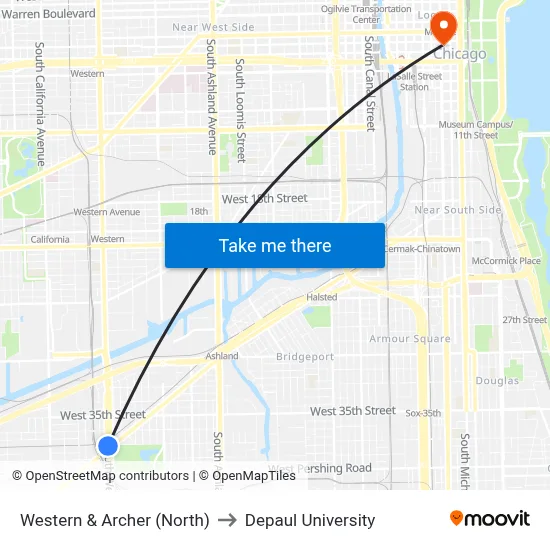 Western & Archer (North) to Depaul University map