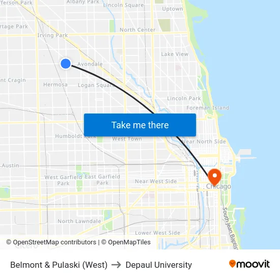 Belmont & Pulaski (West) to Depaul University map