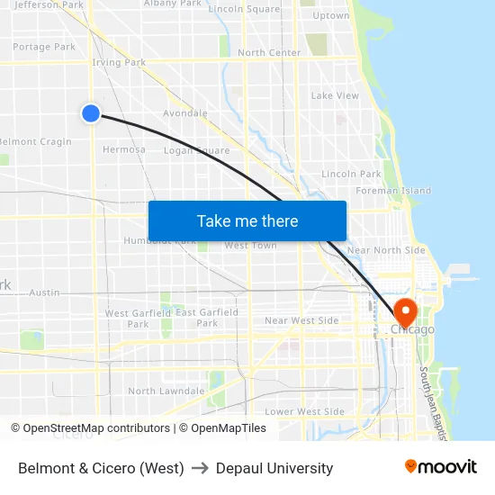 Belmont & Cicero (West) to Depaul University map