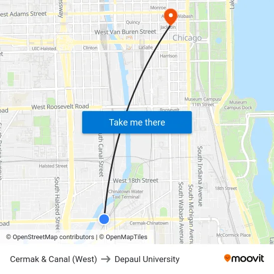 Cermak & Canal (West) to Depaul University map