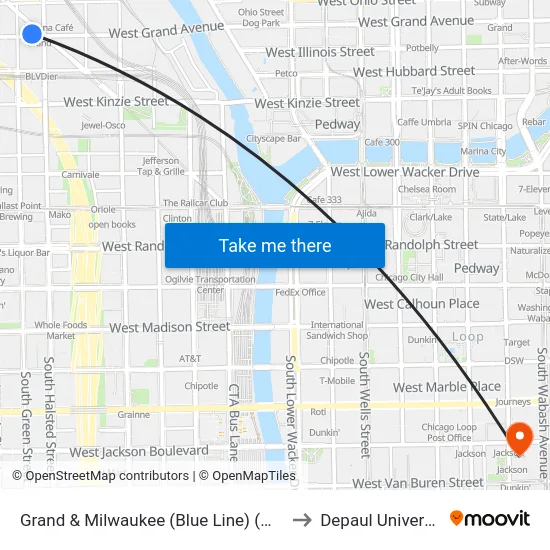 Grand & Milwaukee (Blue Line) (West) to Depaul University map