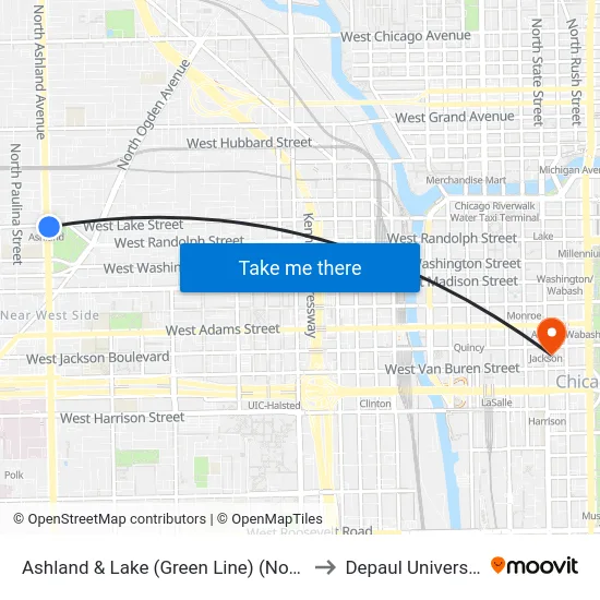 Ashland & Lake (Green Line) (North) to Depaul University map