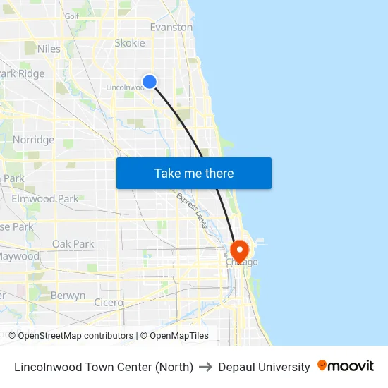 Lincolnwood Town Center (North) to Depaul University map