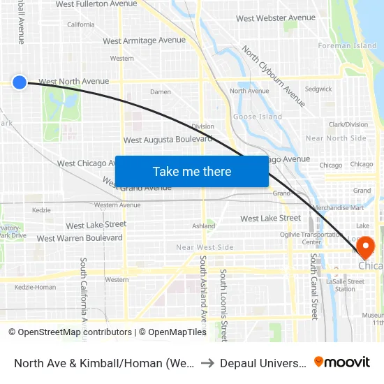 North Ave & Kimball/Homan (West) to Depaul University map