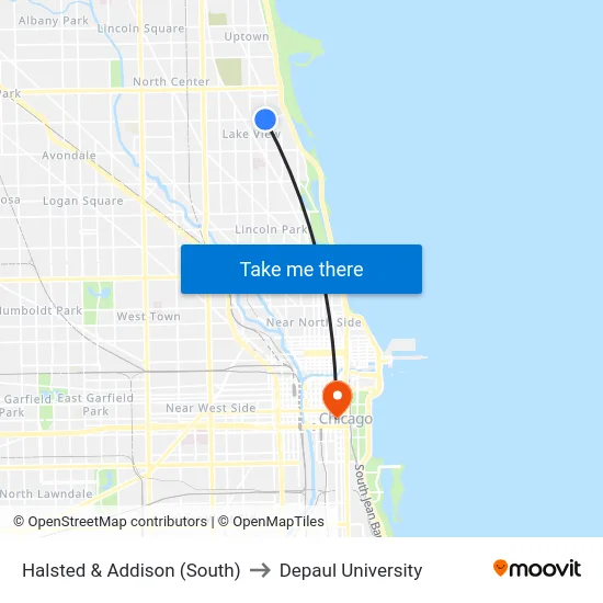 Halsted & Addison (South) to Depaul University map