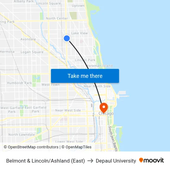 Belmont & Lincoln/Ashland (East) to Depaul University map