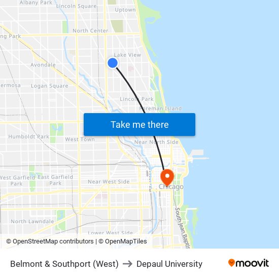 Belmont & Southport (West) to Depaul University map