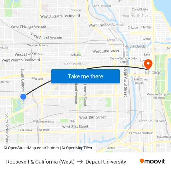 Roosevelt & California (West) to Depaul University map