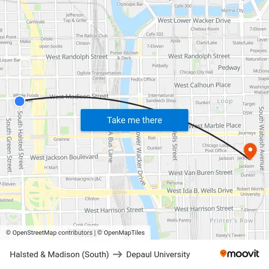 Halsted & Madison (South) to Depaul University map