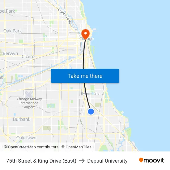 75th Street & King Drive (East) to Depaul University map