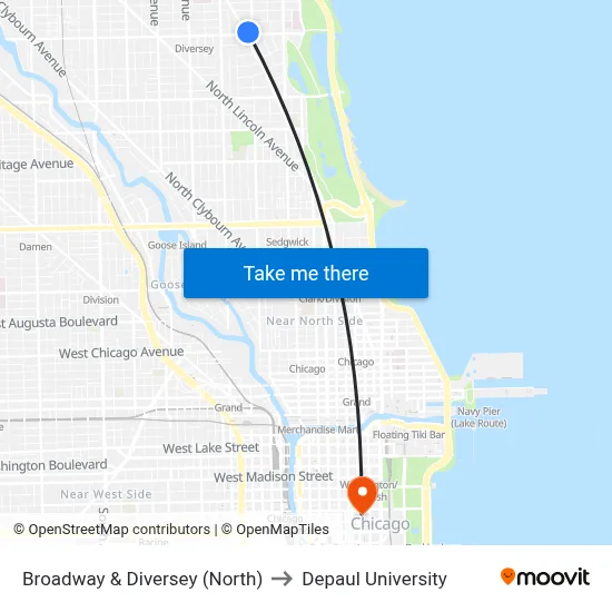 Broadway & Diversey (North) to Depaul University map