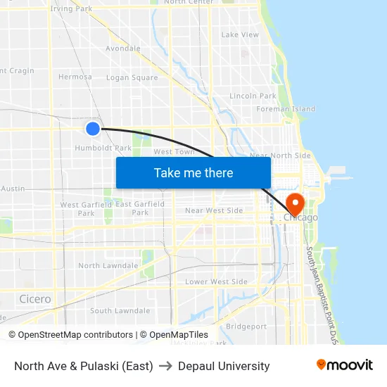 North Ave & Pulaski (East) to Depaul University map