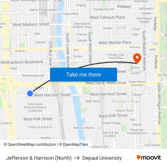 Jefferson & Harrison (North) to Depaul University map