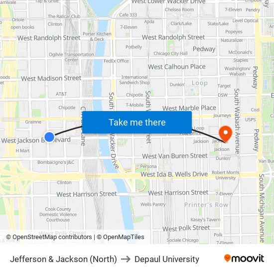 Jefferson & Jackson (North) to Depaul University map