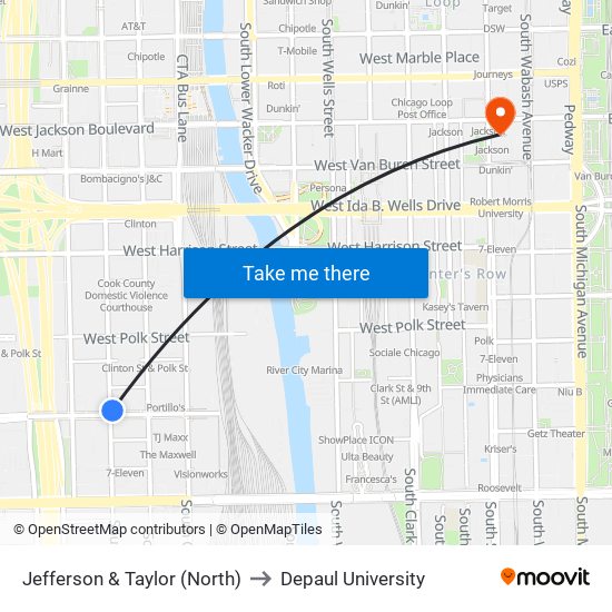 Jefferson & Taylor (North) to Depaul University map