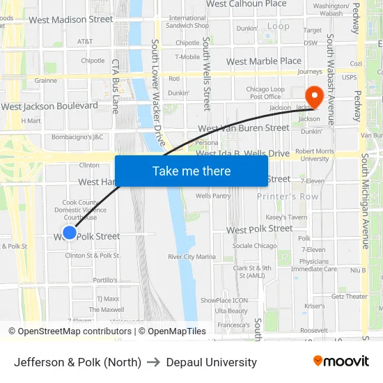 Jefferson & Polk (North) to Depaul University map