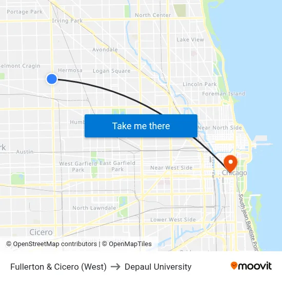 Fullerton & Cicero (West) to Depaul University map