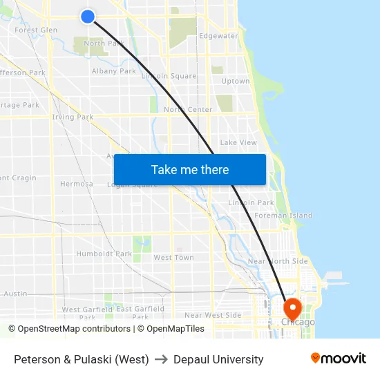 Peterson & Pulaski (West) to Depaul University map