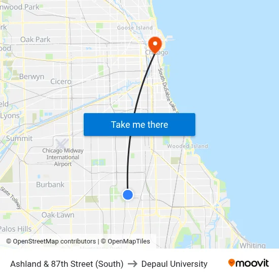 Ashland & 87th Street (South) to Depaul University map