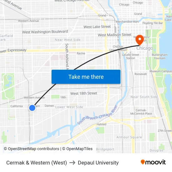 Cermak & Western (West) to Depaul University map