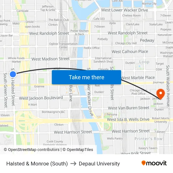 Halsted & Monroe (South) to Depaul University map
