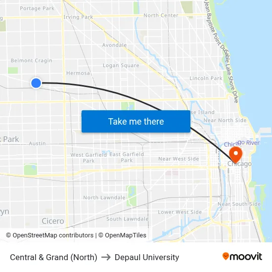 Central & Grand (North) to Depaul University map
