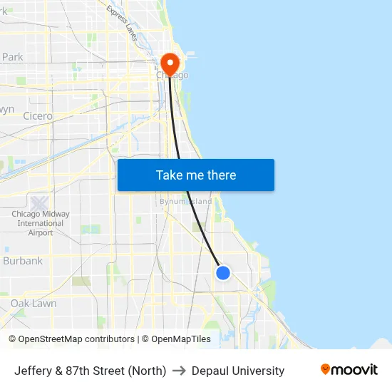 Jeffery & 87th Street (North) to Depaul University map