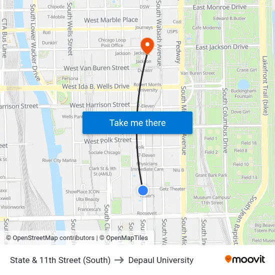 State & 11th Street (South) to Depaul University map