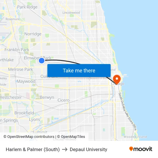 Harlem & Palmer (South) to Depaul University map