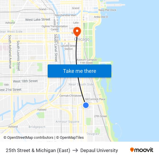 25th Street & Michigan (East) to Depaul University map