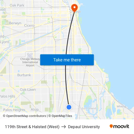 119th Street & Halsted (West) to Depaul University map