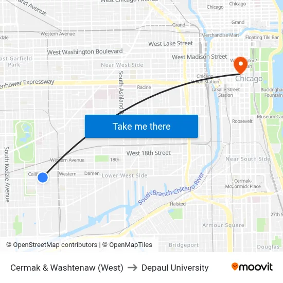 Cermak & Washtenaw (West) to Depaul University map