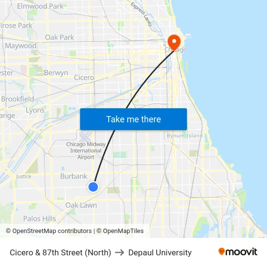Cicero & 87th Street (North) to Depaul University map