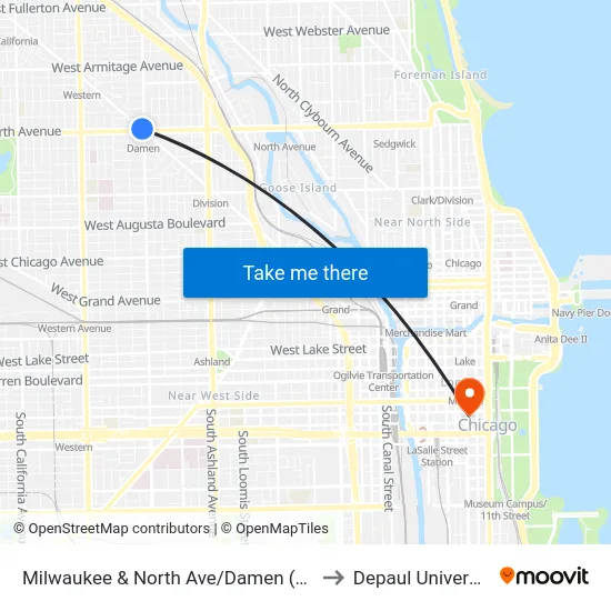 Milwaukee & North Ave/Damen (Nw) to Depaul University map