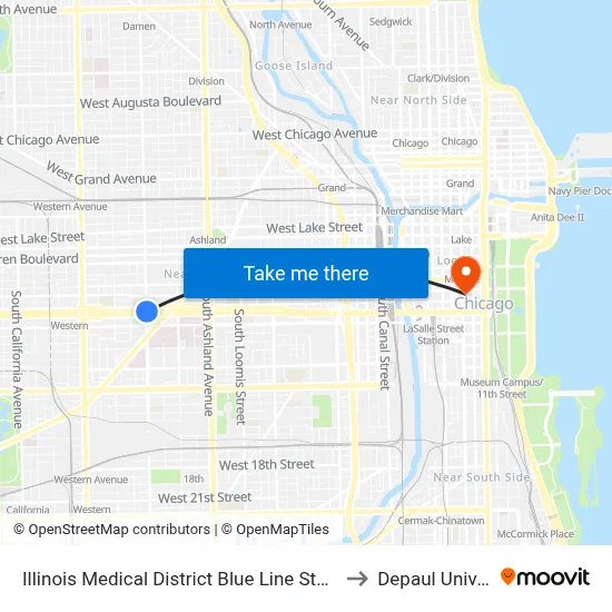 Illinois Medical District Blue Line Station (North) to Depaul University map