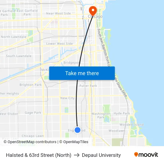 Halsted & 63rd Street (North) to Depaul University map