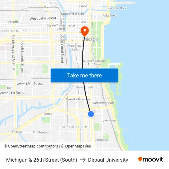 Michigan & 26th Street (South) to Depaul University map