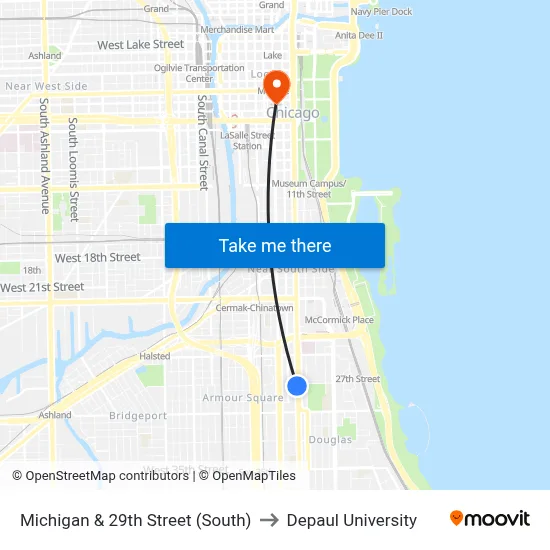 Michigan & 29th Street (South) to Depaul University map