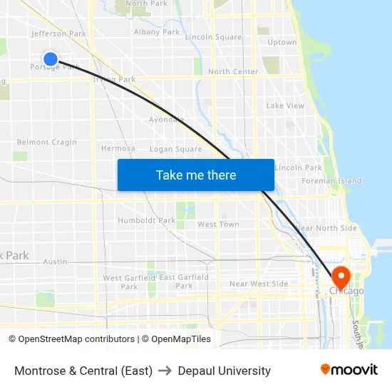 Montrose & Central (East) to Depaul University map