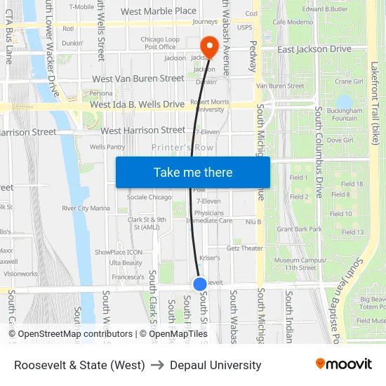 Roosevelt & State (West) to Depaul University map