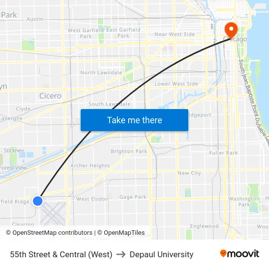 55th Street & Central (West) to Depaul University map