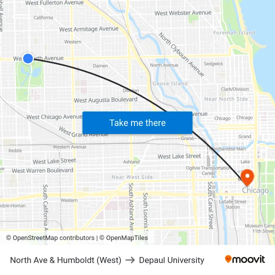 North Ave & Humboldt (West) to Depaul University map