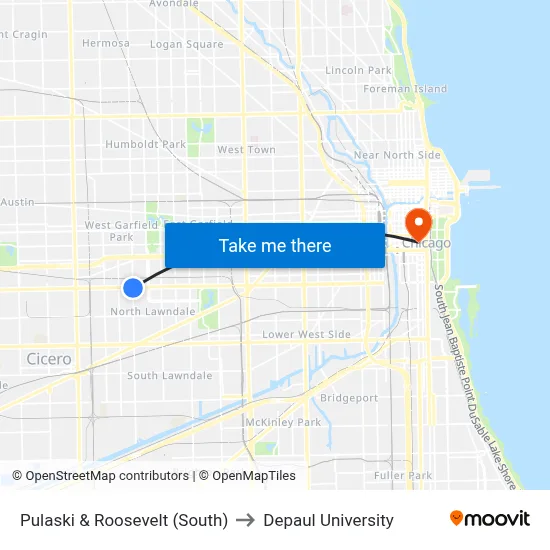 Pulaski & Roosevelt (South) to Depaul University map