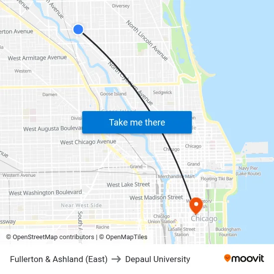 Fullerton & Ashland (East) to Depaul University map