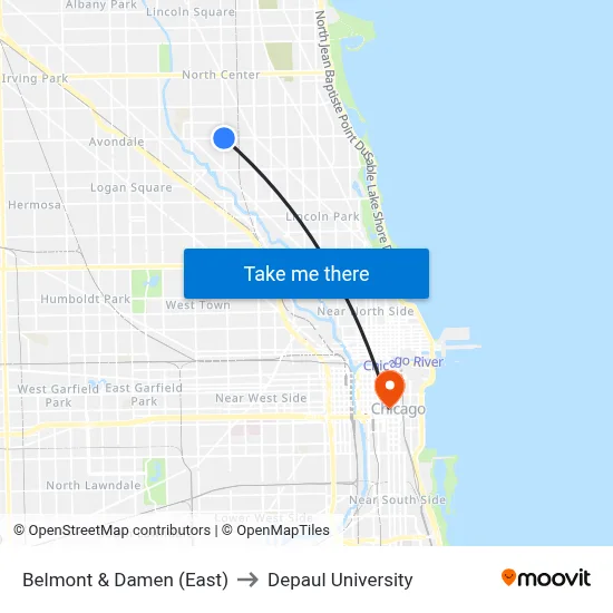 Belmont & Damen (East) to Depaul University map
