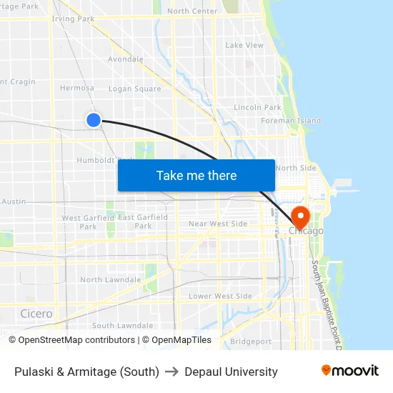 Pulaski & Armitage (South) to Depaul University map