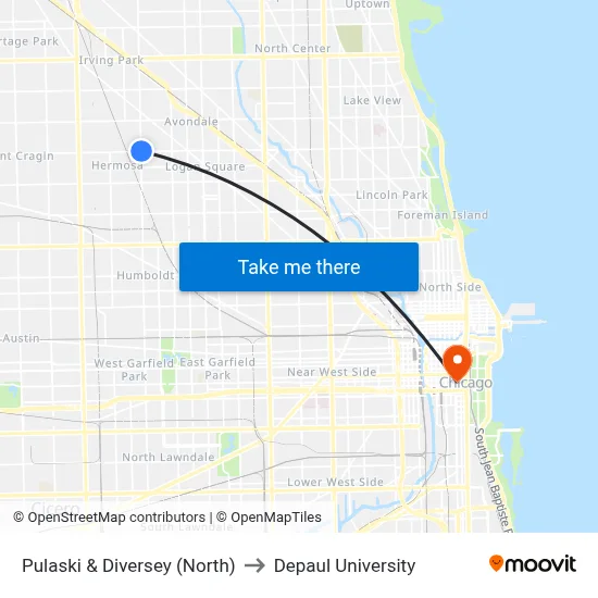 Pulaski & Diversey (North) to Depaul University map